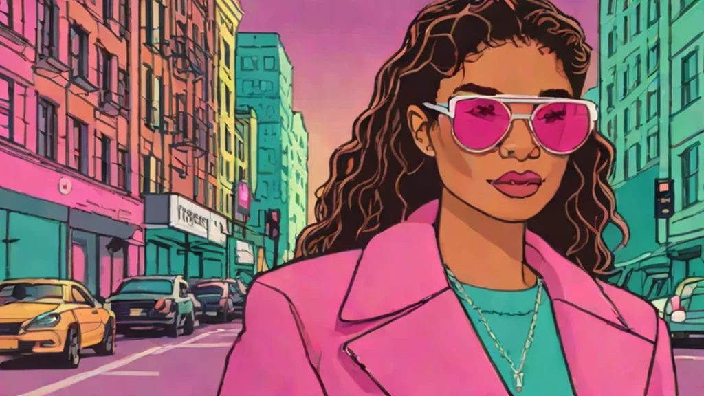 A stylish woman wearing retro slim black sunglasses with brown lenses while walking outside.
