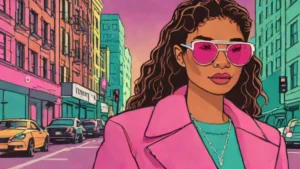 A stylish woman wearing retro slim black sunglasses with brown lenses while walking outside.