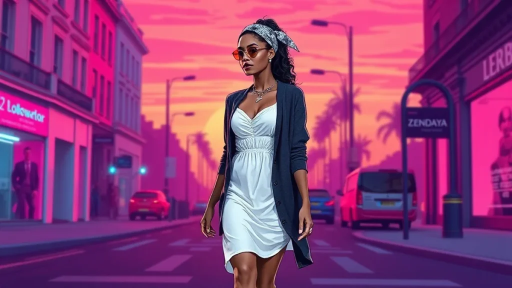 Zendaya wearing a breezy white sundress and a patterned bandana walking through London.
