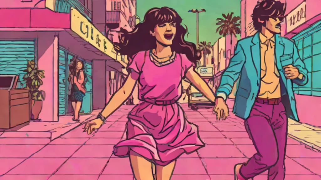 Zooey Deschanel dancing happily on a sunny street in Los Angeles with her fiancé Jonathan Scott.
