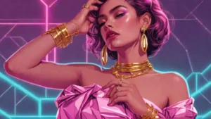 Alex Consani posing in a blush pink dress and gold Pandora Talisman jewelry.