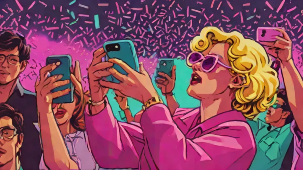 A professional woman using an iPhone to photograph a cinematic scene with neon lights and confetti.