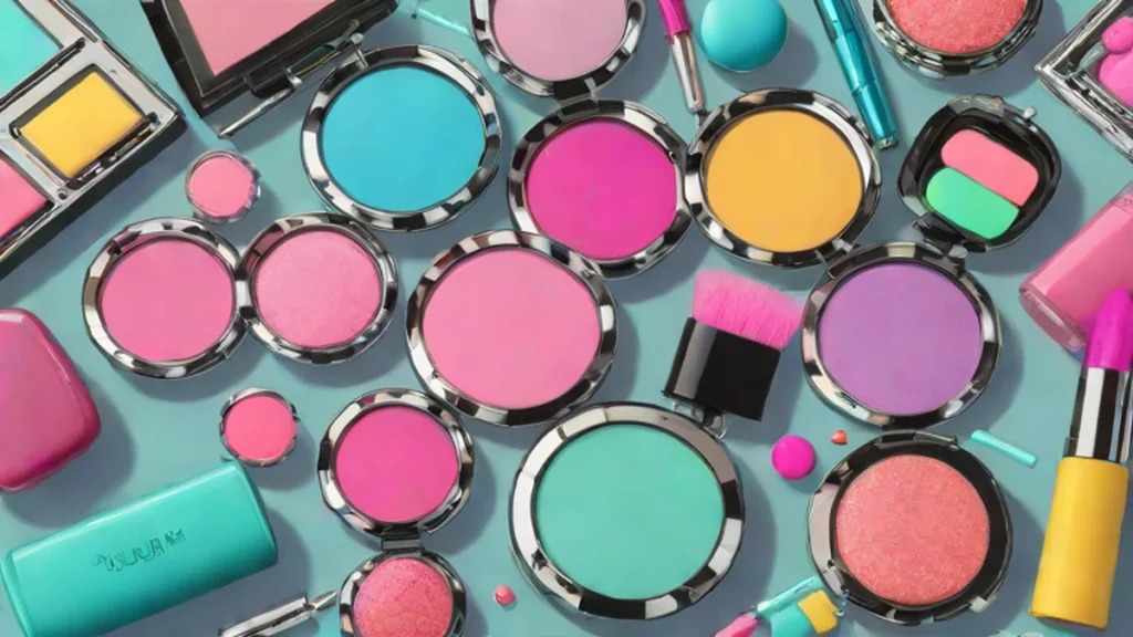 A collection of award-winning beauty products including tweezers, a makeup sponge, and blush on a marble tabletop.