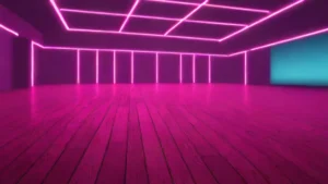 An empty polished wooden ballroom dance floor under bright professional stage lighting.