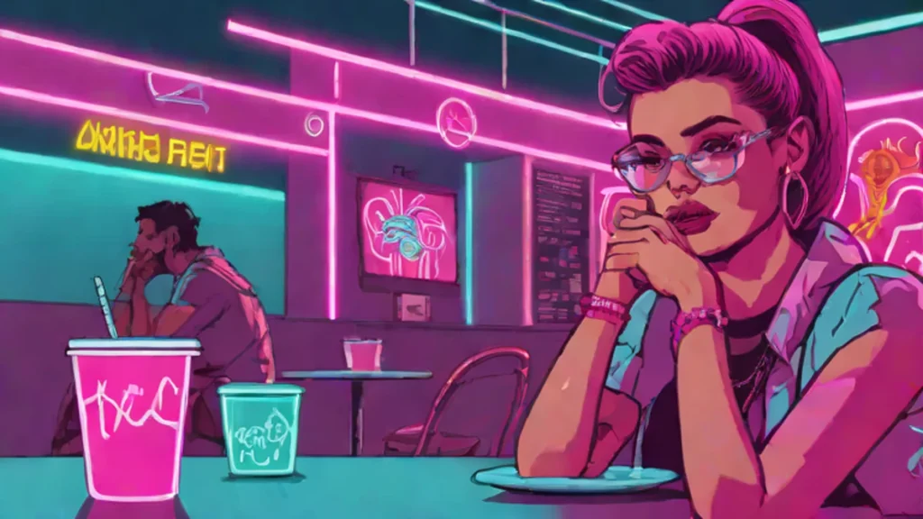 Amelia Dimoldenberg sitting in a chicken shop looking at the camera for Chicken Shop Date.