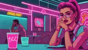 Amelia Dimoldenberg sitting in a chicken shop looking at the camera for Chicken Shop Date.
