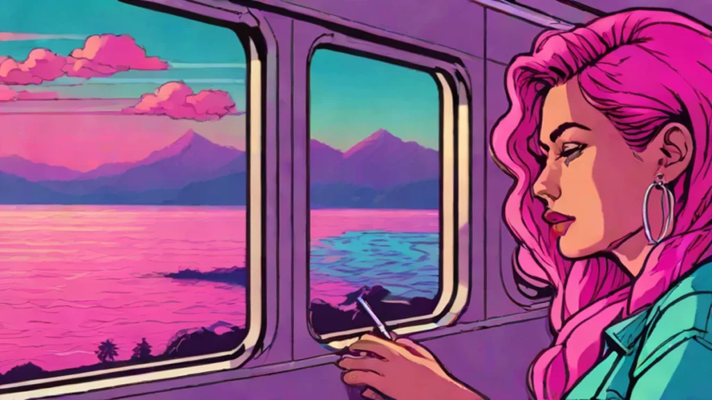 A woman looking out a train window at a beautiful scenic mountain landscape.