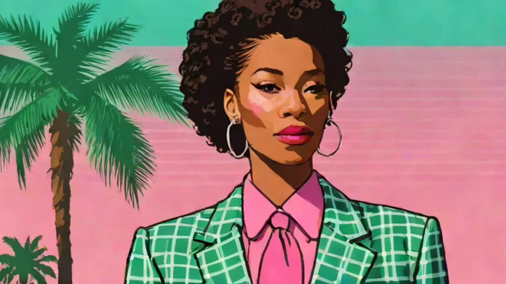 A close-up portrait of Amy Sherald wearing a tailored checked suit and striped tie.