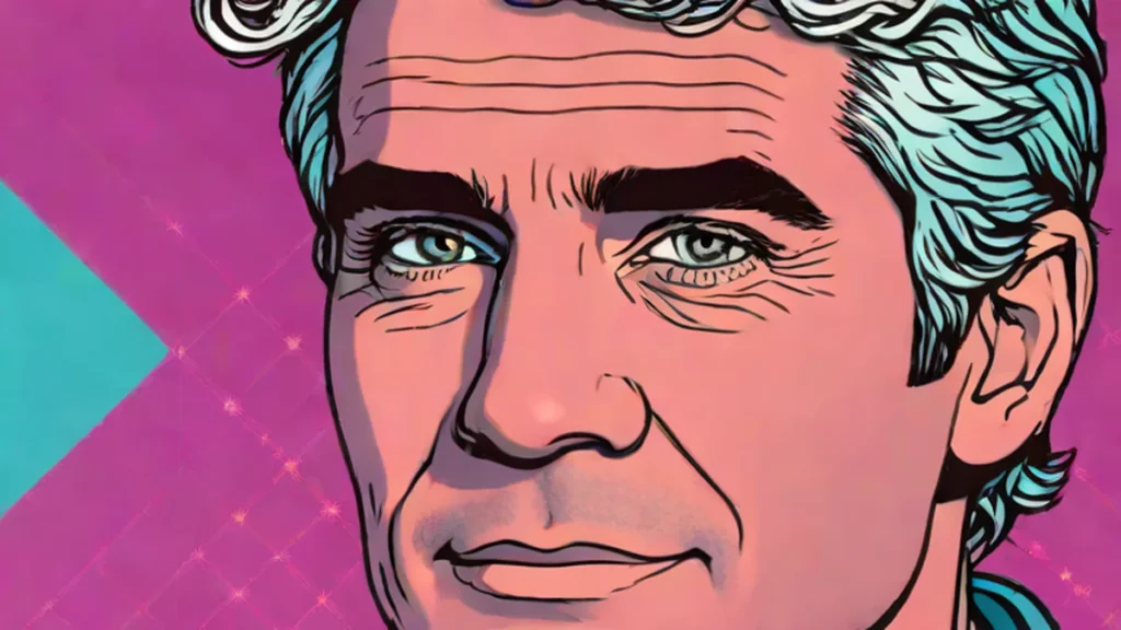 A close-up portrait of Andy Cohen looking apologetic in a television studio setting.
