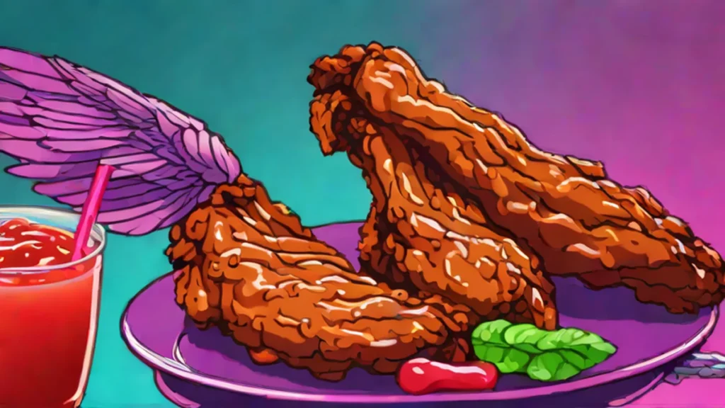 Spicy chicken wings and hot sauce on a reflective chrome surface.