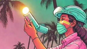 An arborist wearing a safety helmet uses a sunscreen stick for skin protection while working outdoors.
