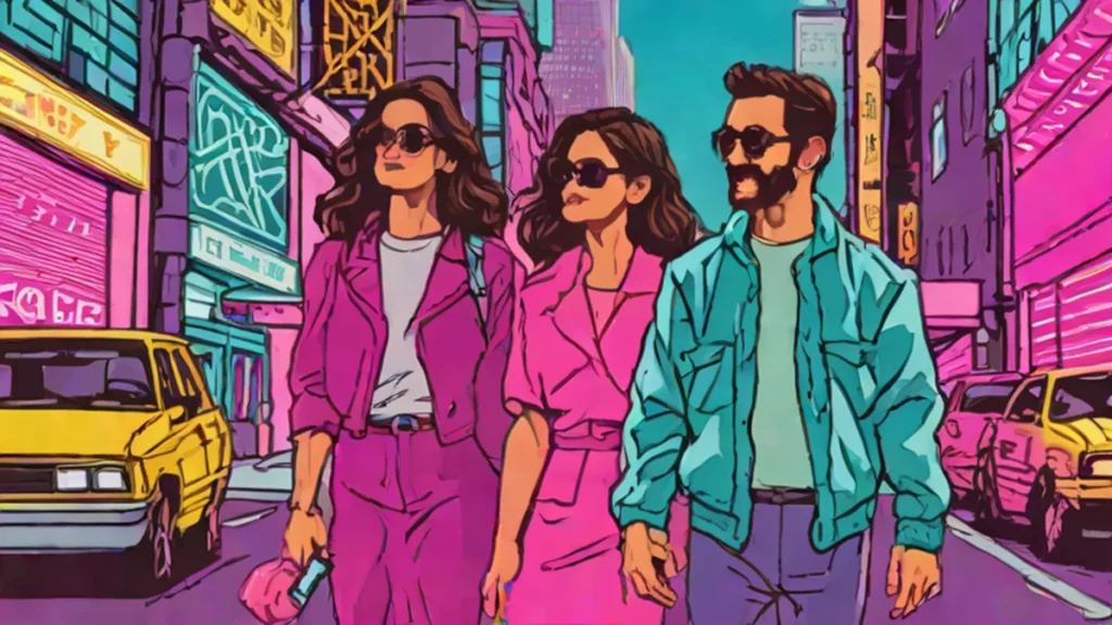 A stylish adult woman and a man walking together through a city street.