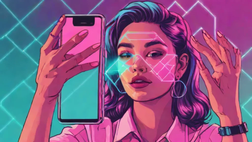 A woman taking a selfie with a smartphone to receive AI beauty advice.
