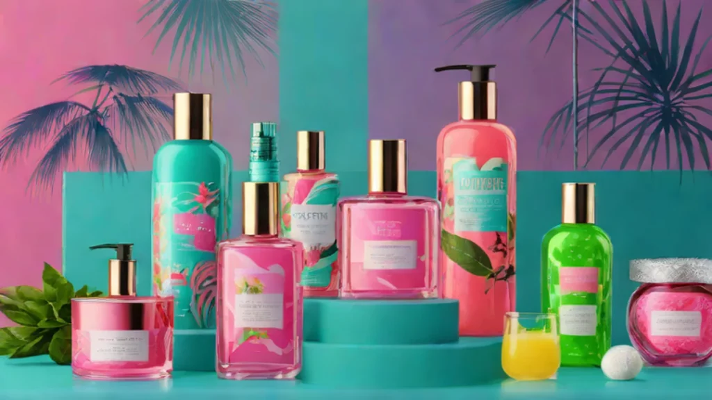 Marble patterned Bath and Body Works Essentials collection bottles on a reflective chrome surface.