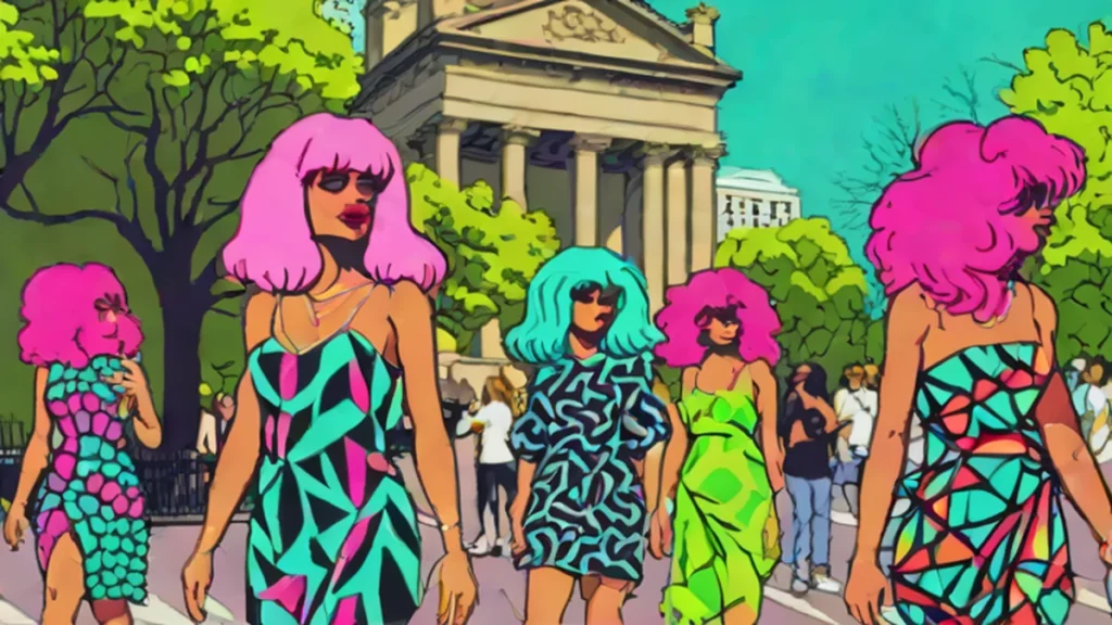 Models wearing colorful wigs and sheer dresses walking through Washington Square Park in New York City.
