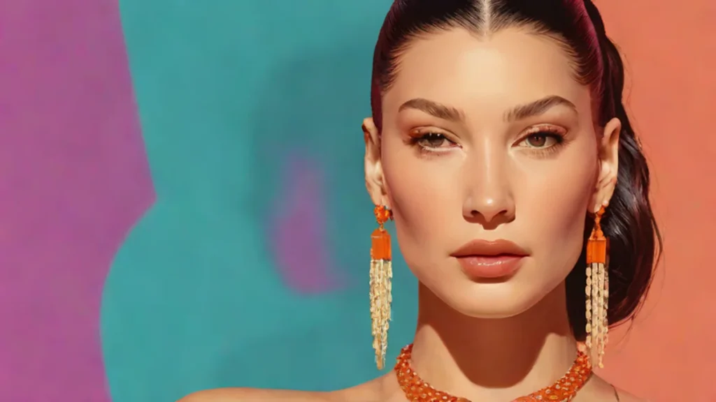 Close-up portrait of Bella Hadid wearing a vibrant orange boat neck dress and gold jewelry.