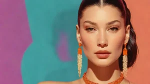 Close-up portrait of Bella Hadid wearing a vibrant orange boat neck dress and gold jewelry.