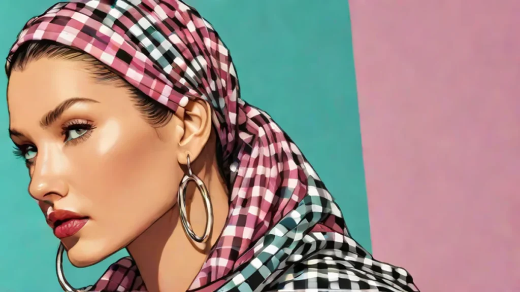 Bella Hadid wearing a red and beige gingham headscarf with blonde hair and burgundy sunglasses.