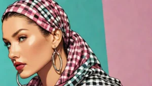 Bella Hadid wearing a red and beige gingham headscarf with blonde hair and burgundy sunglasses.