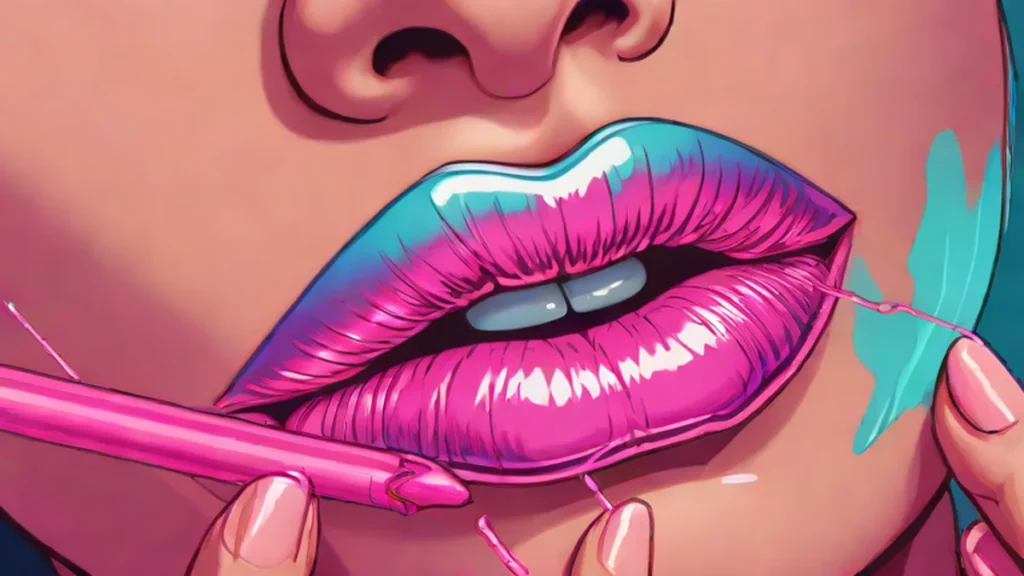 Close up of a woman peeling off a colorful lip stain to reveal pigmented lips.