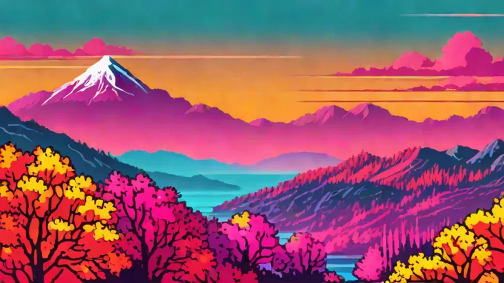 Panoramic view of colorful autumn trees and mountains during peak fall foliage season.