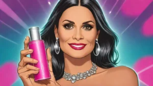 A glowing woman holding a bottle of CoverGirl foundation for a natural makeup look.