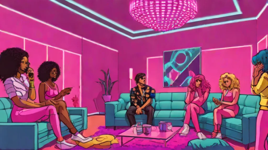 A group of diverse adults reacting with shock inside a modern luxury living room setting.