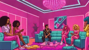 A group of diverse adults reacting with shock inside a modern luxury living room setting.
