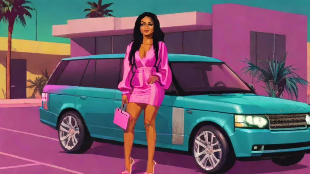 A glamorous woman standing beside a high-end black luxury Range Rover vehicle.