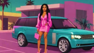 A glamorous woman standing beside a high-end black luxury Range Rover vehicle.