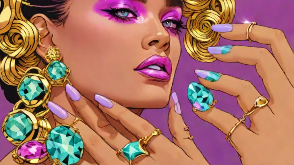 Close up of a woman wearing large gold earrings, chunky cuffs, and colorful cocktail rings.