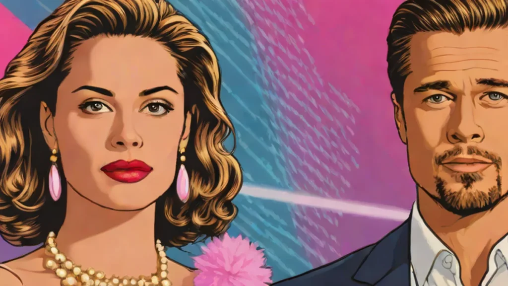 Close-up portrait of Brad Pitt and Ines de Ramon in formal black evening wear.