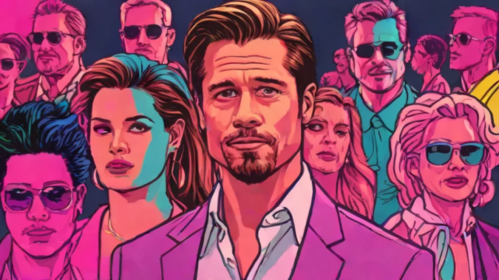 Brad Pitt searching for Ines de Ramon amidst a crowded celebrity wedding celebration.