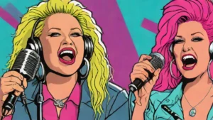 Portraits of Brittany Broski and Cyndi Lauper alongside professional studio podcast microphones.