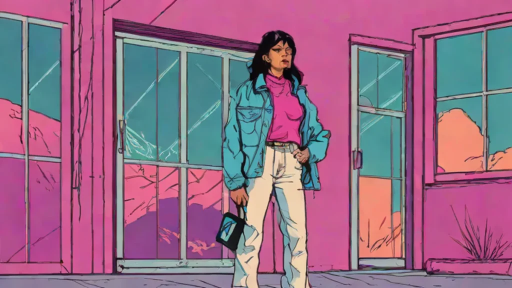 A woman wearing Calvin Klein low rise straight leg denim jeans and a denim shirt.