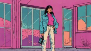 A woman wearing Calvin Klein low rise straight leg denim jeans and a denim shirt.
