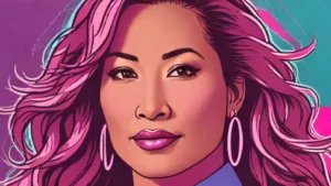 A close-up portrait of judge Carrie Ann Inaba looking toward the camera in a studio setting.