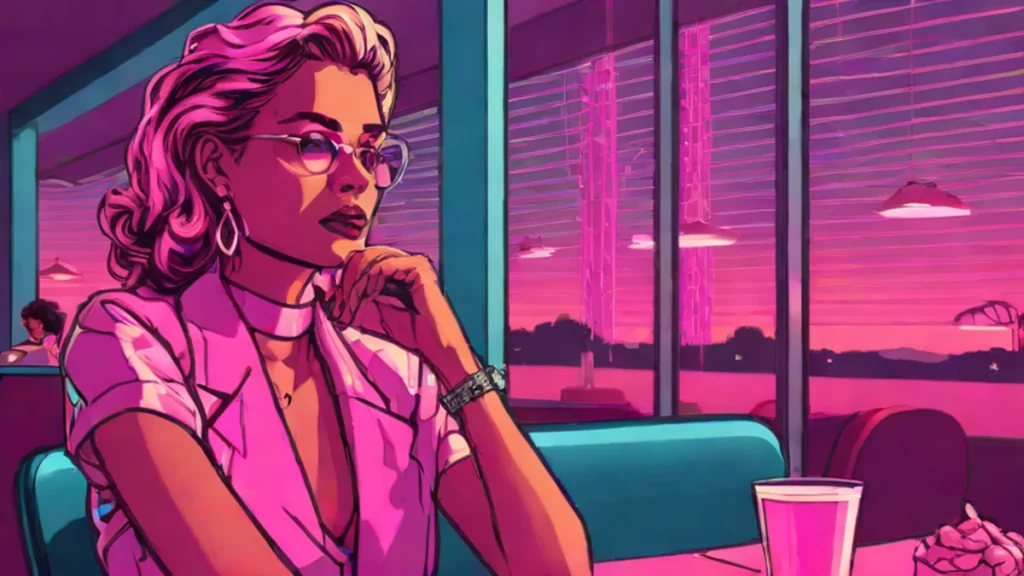 A confident woman in her late twenties reflecting quietly in a bright cafe setting.