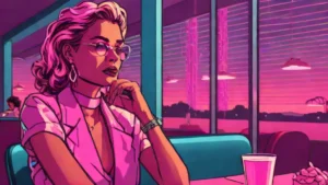 A confident woman in her late twenties reflecting quietly in a bright cafe setting.