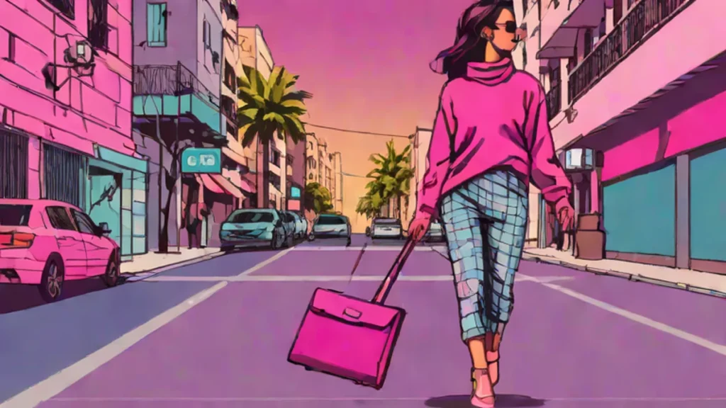 A stylish woman wearing trendy capri pants and a sweater walking on a city sidewalk.