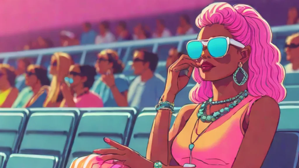 A stylish woman wearing luxury accessories and designer clothing at the US Open tennis tournament.