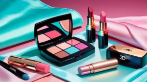 An assortment of high-end Chanel beauty products including foundation, lipstick, and eyeshadow on a neutral background.
