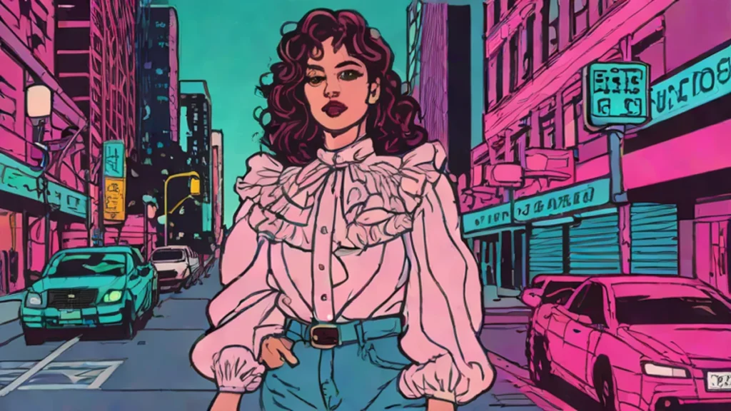An adult woman wearing a romantic white victorian lace blouse and baggy blue jeans.