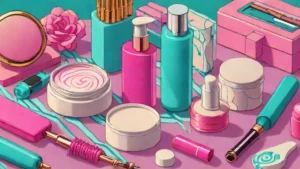 A hair styling tool, face cream jar, and eye drop bottle on a marble surface.
