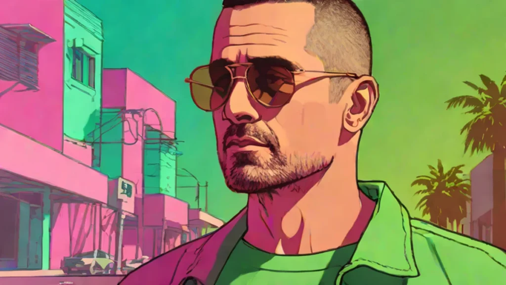 Colin Farrell walking in Los Angeles with a completely shaved head and sunglasses.