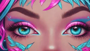 Close up of a woman wearing colorful eyeshadow and bright blue lashes.