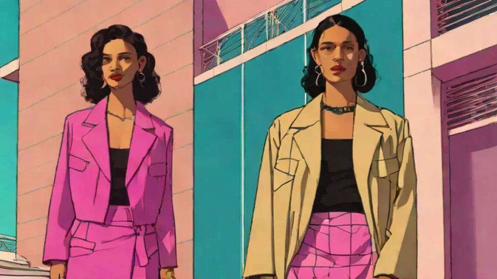 A woman wearing a black tank dress and beige jacket from the Dagmar Spring collection.
