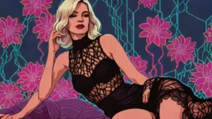 Daisy Edgar-Jones wearing a sheer black Shushu/Tong lace dress with visible pink intimates.