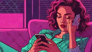 A woman looking suspiciously at her smartphone while sitting on a couch.