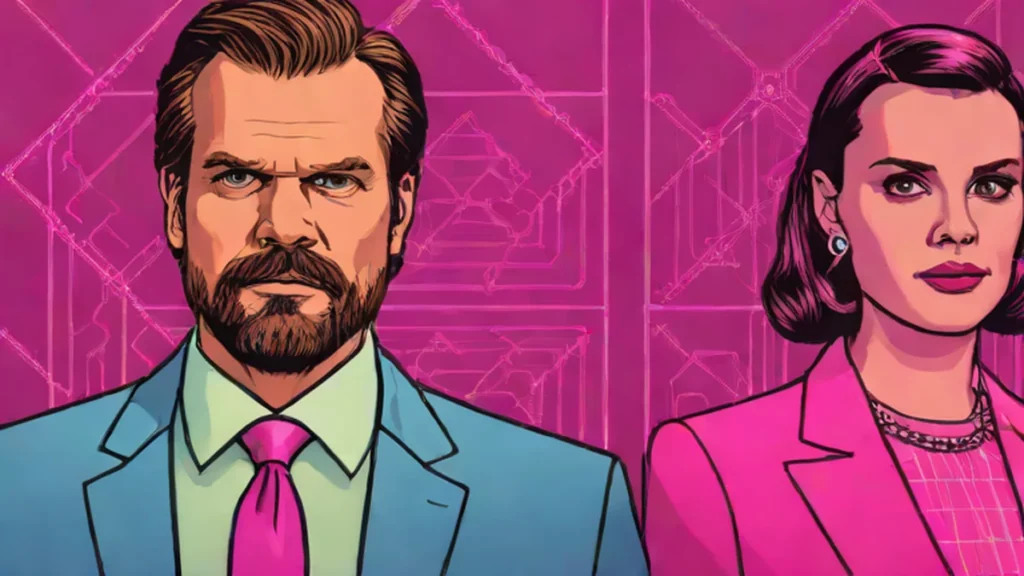 David Harbour and Millie Bobby Brown posing together for a professional studio portrait.